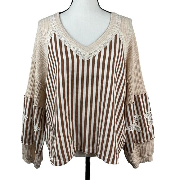 POL Women's Top Medium Beige Brown Striped Distressed Star Oversized Long Sleeve - Picture 1 of 11